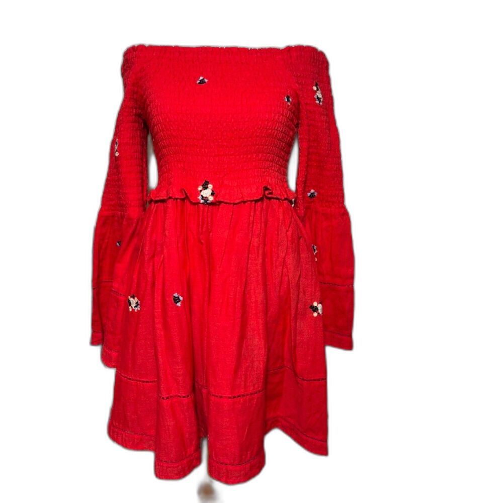 Free People Counting Daisies Embroidered Mini Dress Size S Red Smocked Boho - Picture 2 of 5